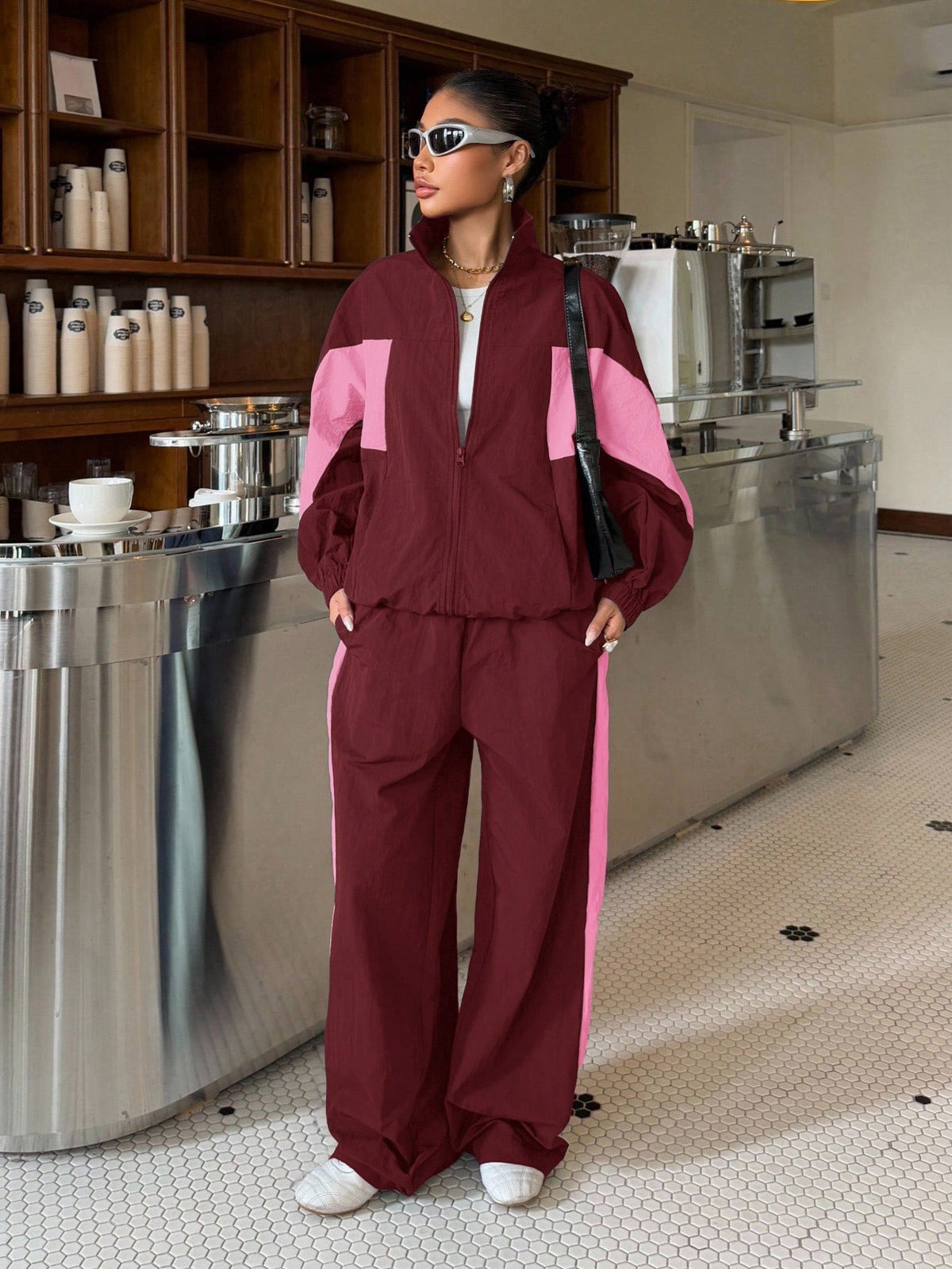 Color Block Half Zip Crop Top Wide Leg Pants Two Piece Set