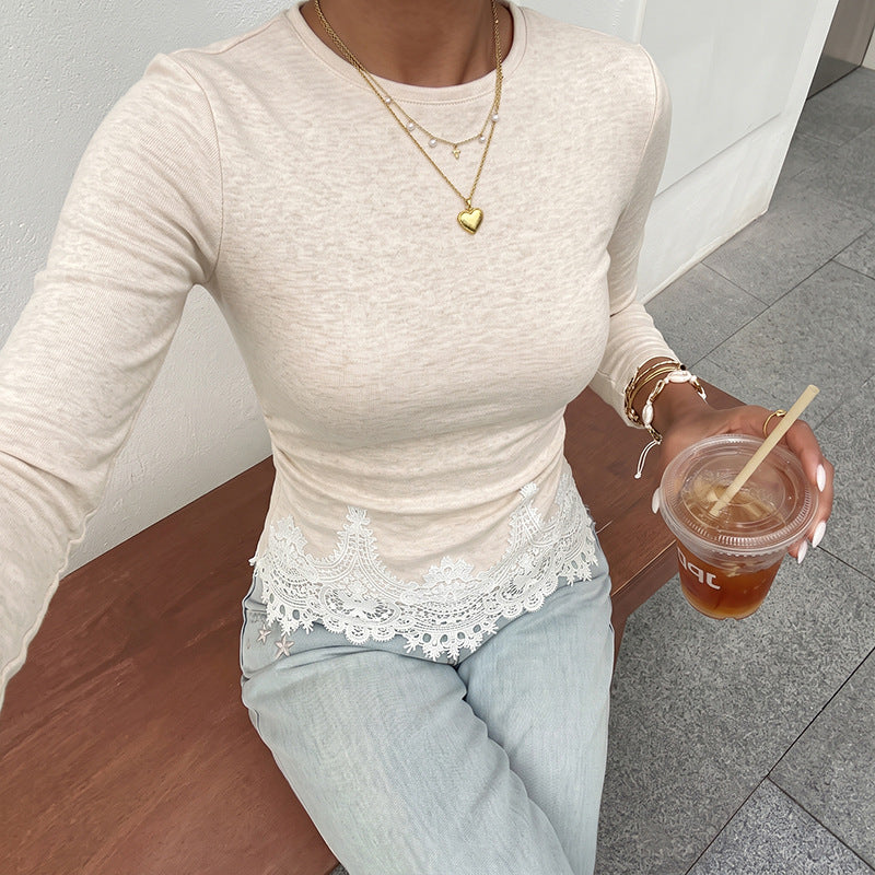 Lace Trim Long Sleeve Top Slim Fit Ruched Basic Tee