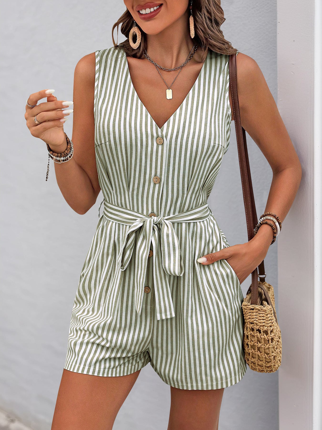 2025 Summer Striped v-Neck Sleeveless One-piece Shorts