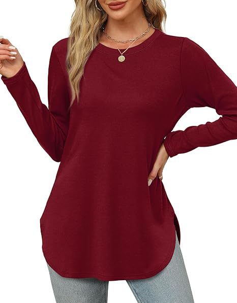Women's Casual Long Sleeve Tunic Top Round Neck Side Slit
