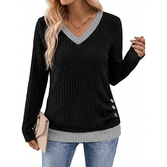 Color Block V Neck Long Sleeve Side Button Tunic Top