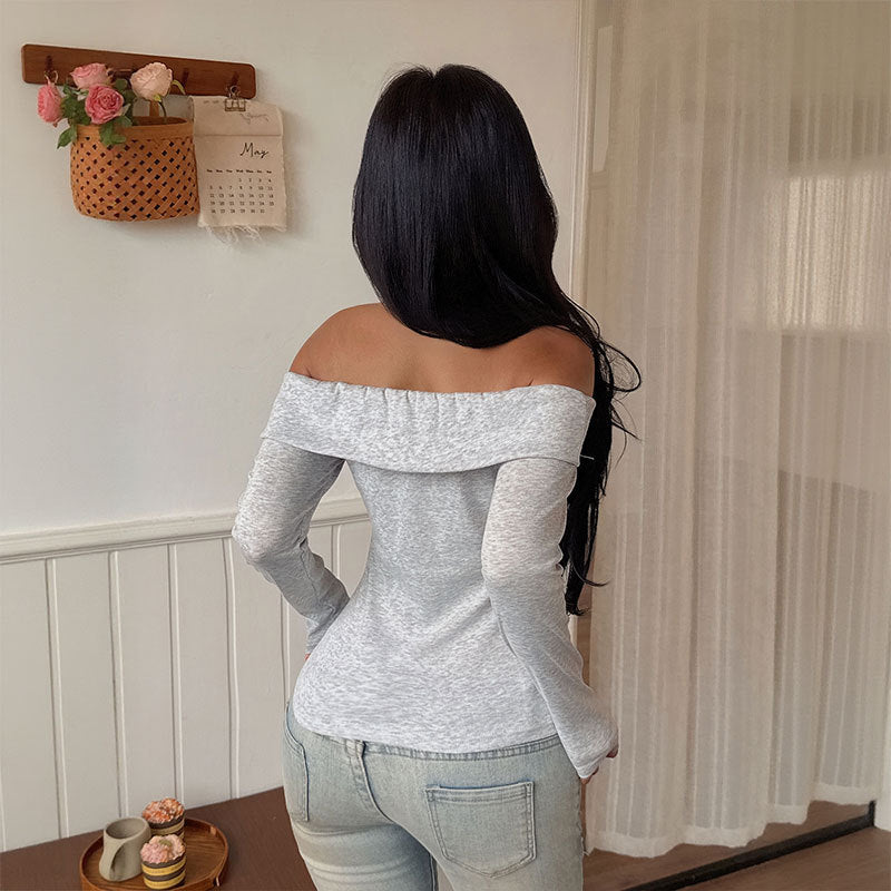 Womens Slim Off Shoulder Knit Top – Light Grey Trendy Fit