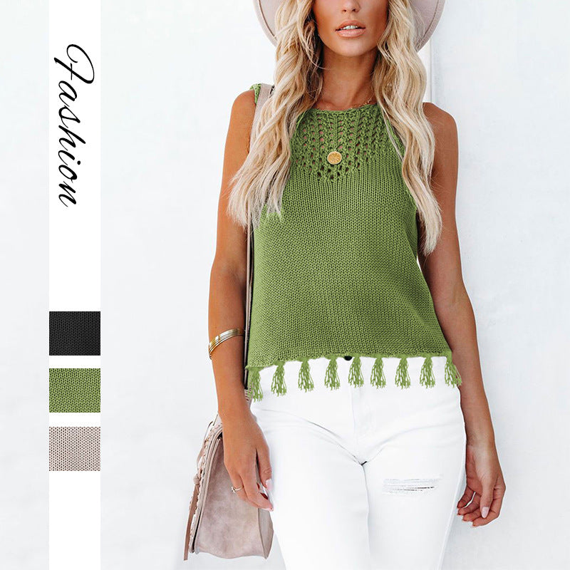 Sleeveless Hollow Knit Tassel Hem Tank Top for Summer
