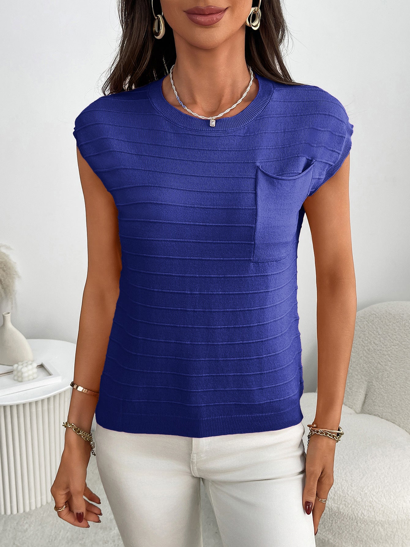 Striped Knit Short Sleeve Top with Pocket Casual Pullover