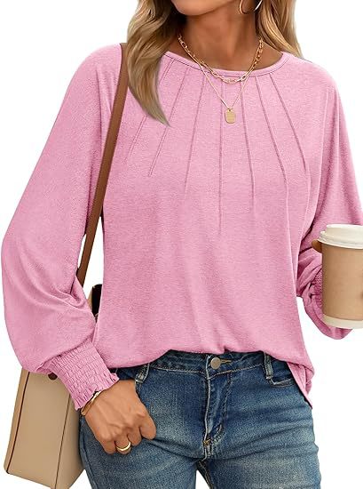 Women's Pleated Crew Neck Lantern Sleeve Oversized Pullover