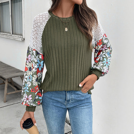 Floral Patchwork Sleeve Knit Top Round Neck Pullover