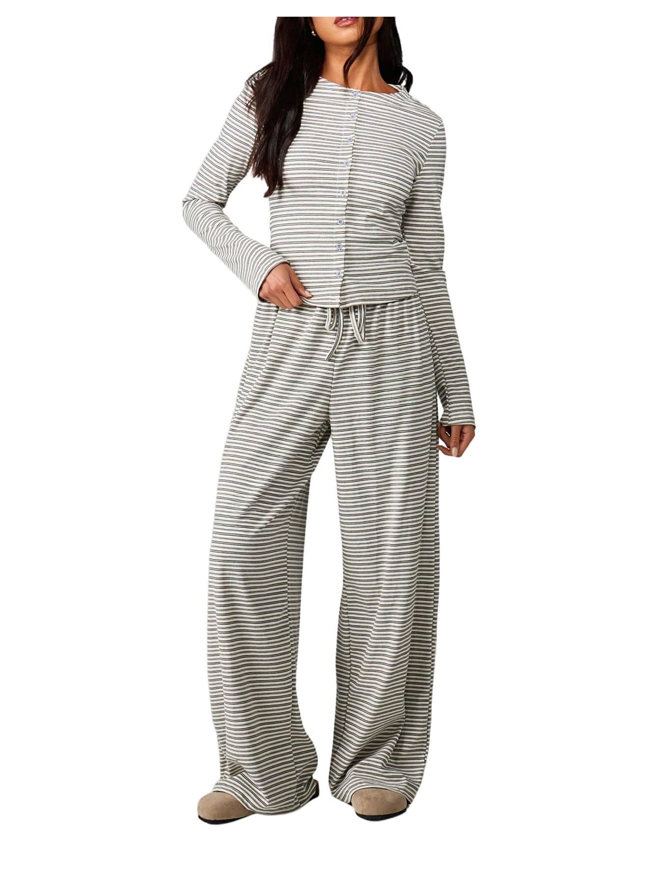Striped Lounge Set Long Sleeve Top & Pants Soft Casual Outfit