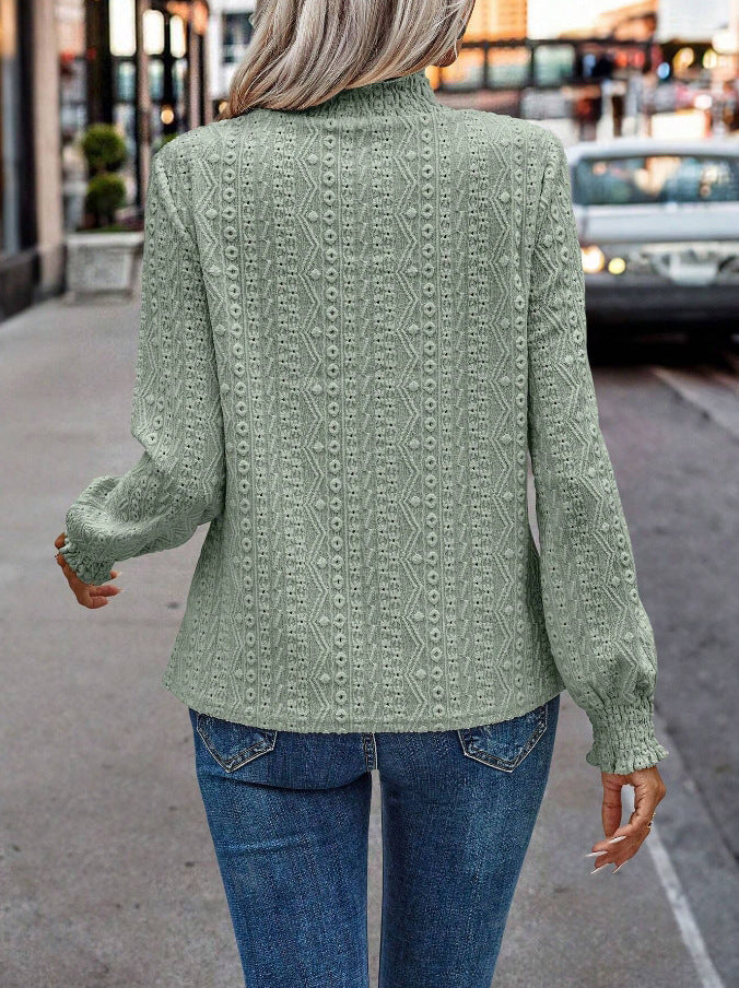 Textured Blouse Elegant Smocked Mock Neck Top