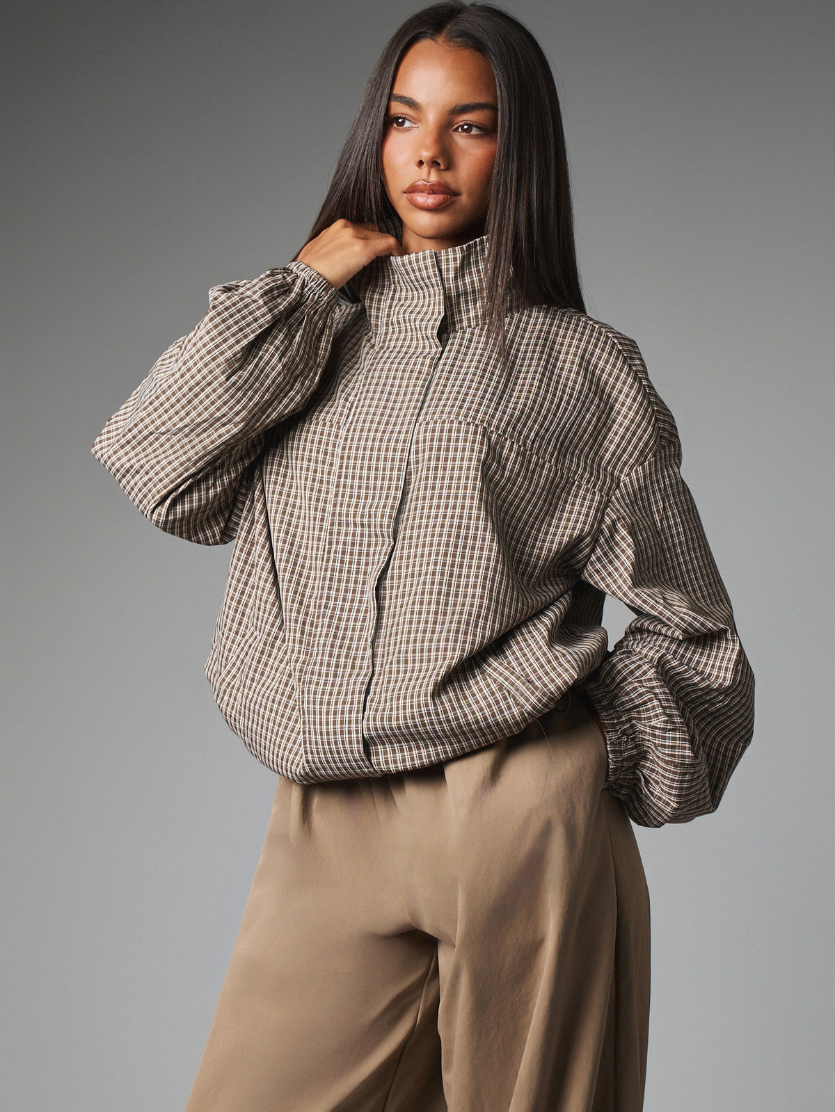 Oversized Plaid Zip Up Jacket Women Casual Long Sleeve Coat
