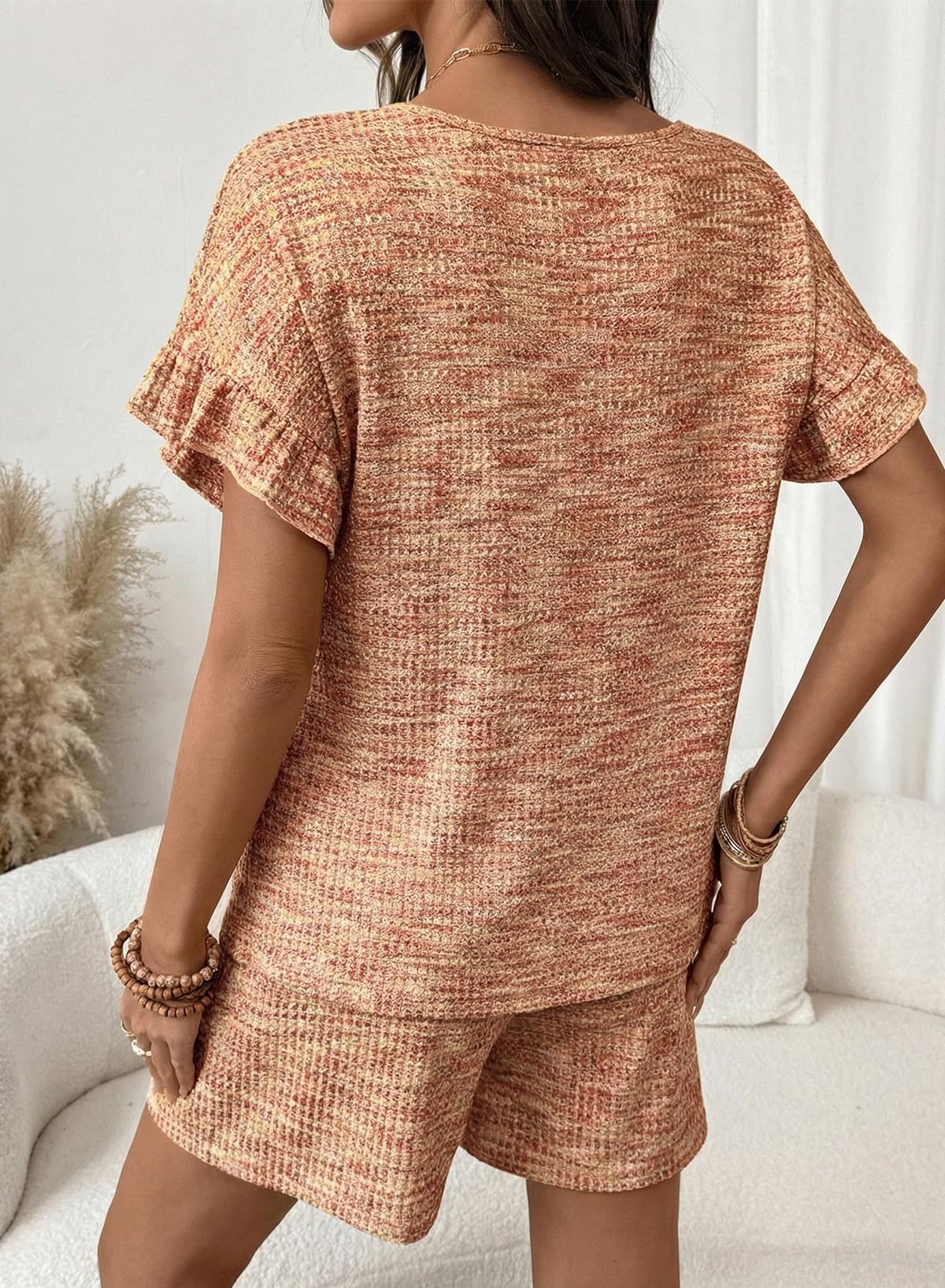 Textured Knit Lounge Set Ruffle Sleeve Drawstring Shorts