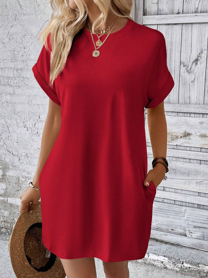 Oversized Crew Neck Casual T Shirt Dress With Pockets