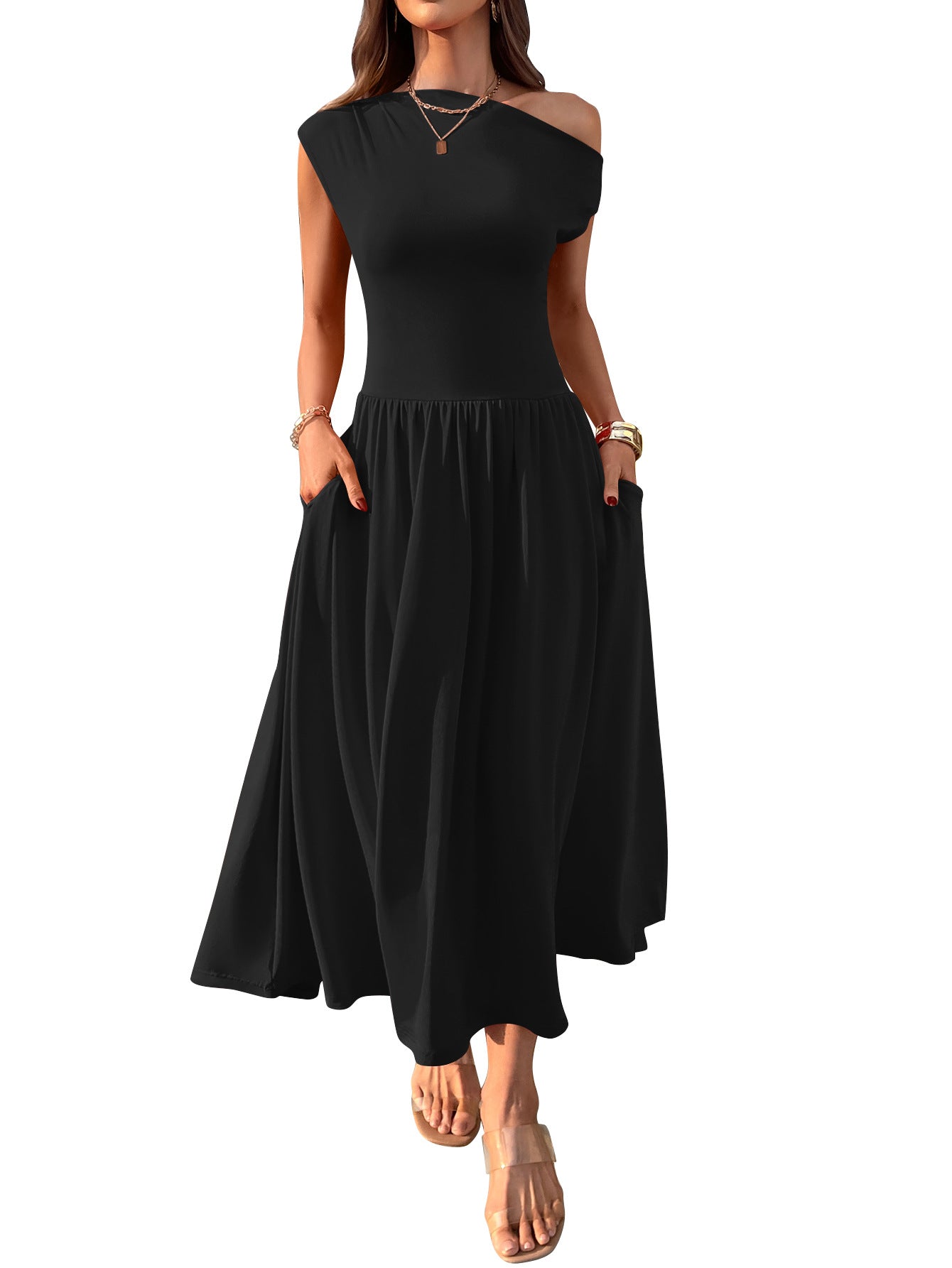 One Shoulder Maxi Dress with Pockets Pleated Skirt