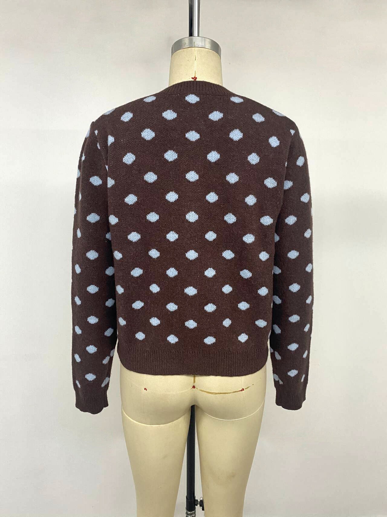 Polka Dot Knit Cardigan Button Front Long Sleeve Sweater