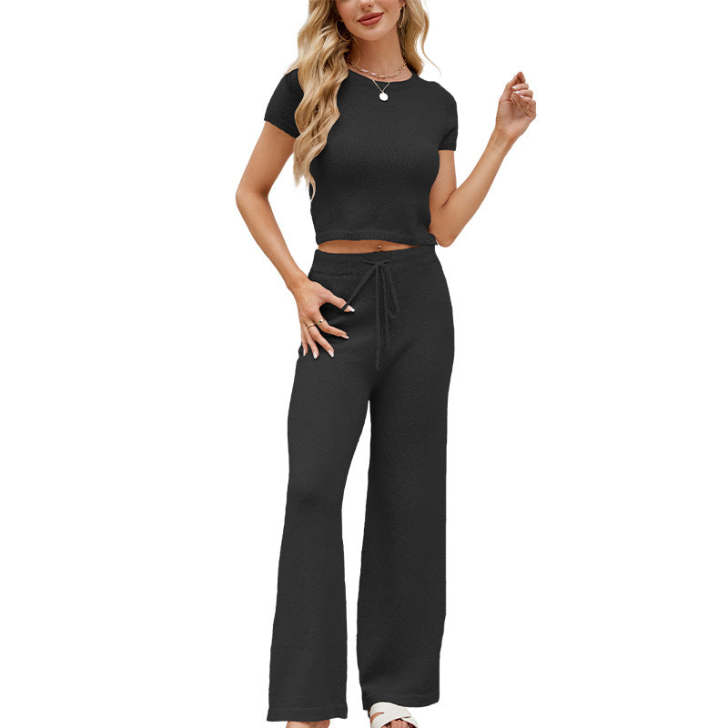 Solid Knit Short Sleeve Top and Pants Set
