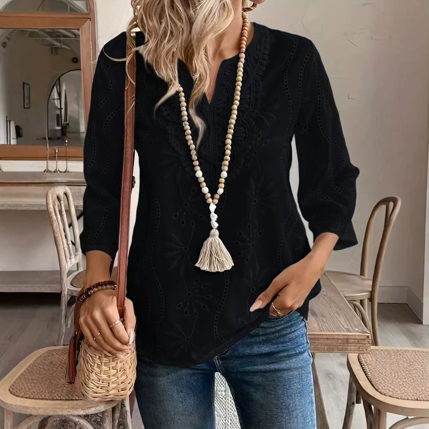 Embroidered Eyelet V Neck Three Quarter Sleeve Blouse