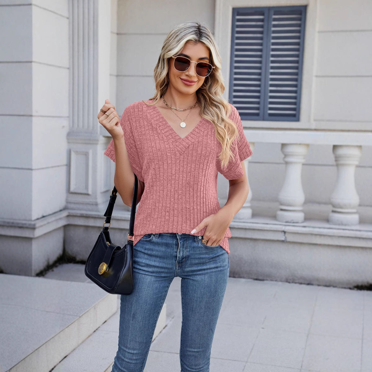 Ribbed Knit Top Casual Dolman Sleeve V Neck