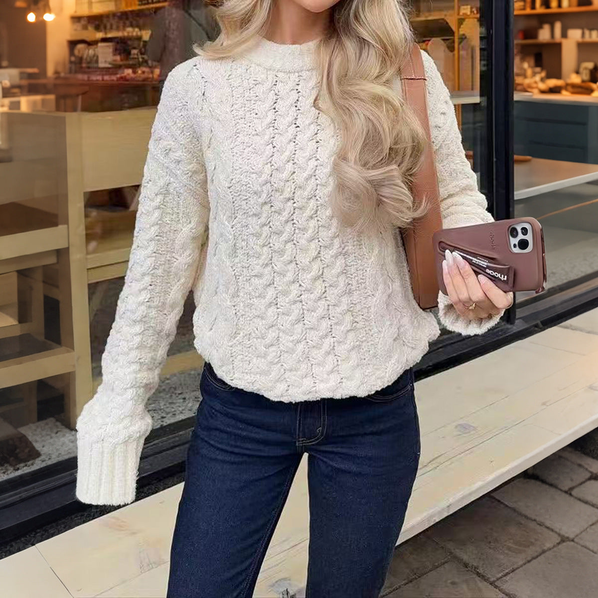 Women's Oversized Cable Knit Crew Neck Sweater