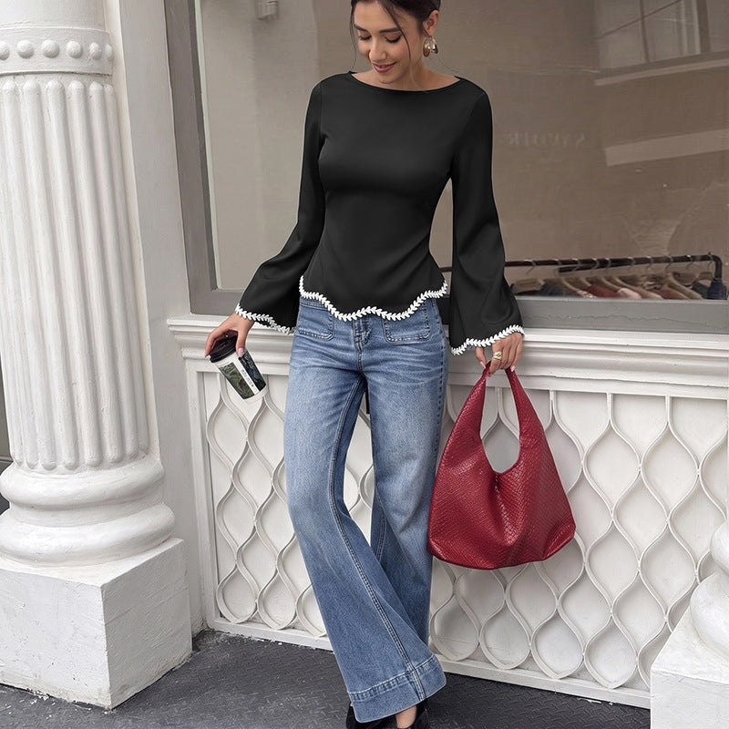 Boat Neck Contrast Trim Flare Sleeve Top