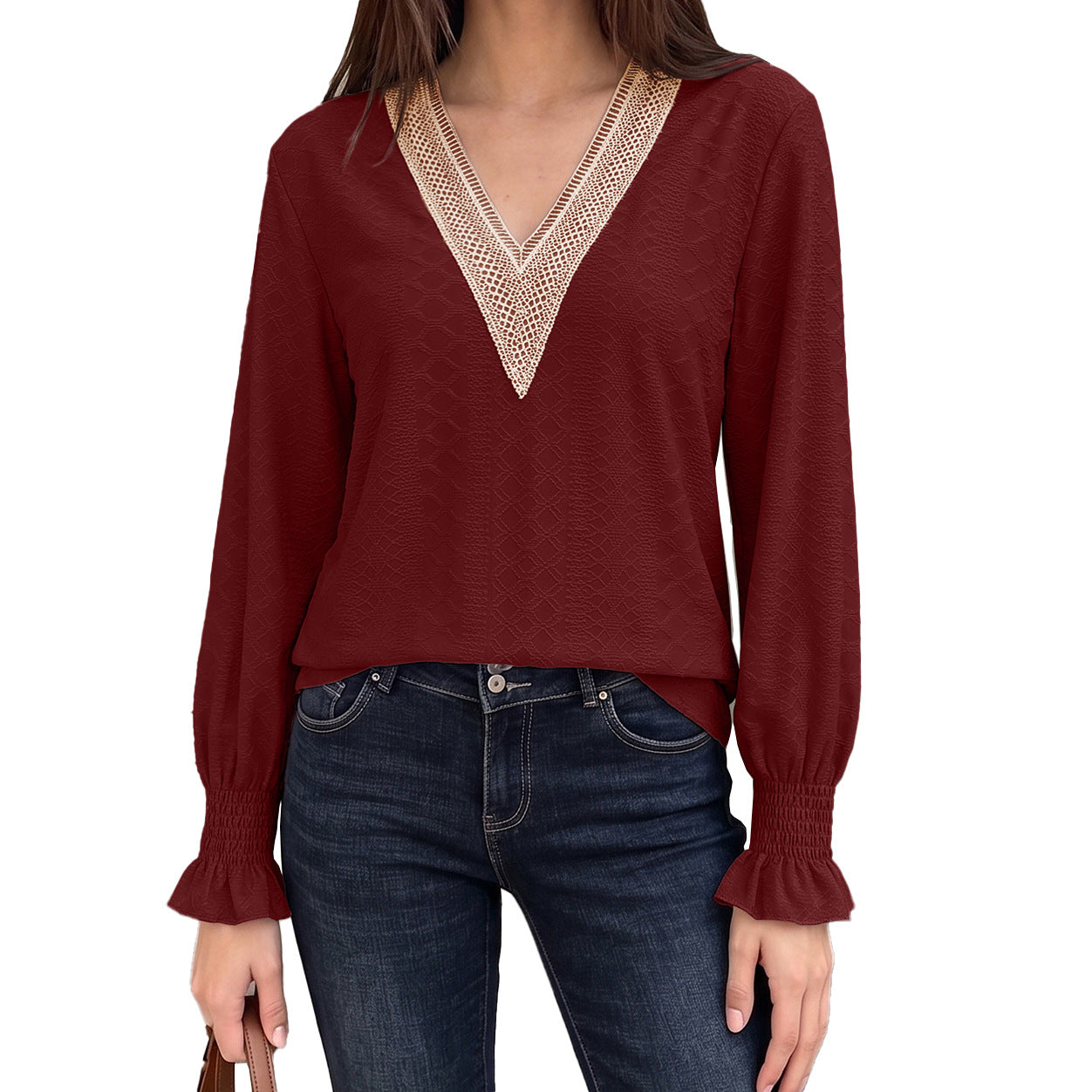 V-Neck Lace Trim Smocked Cuff Long Sleeve Blouse