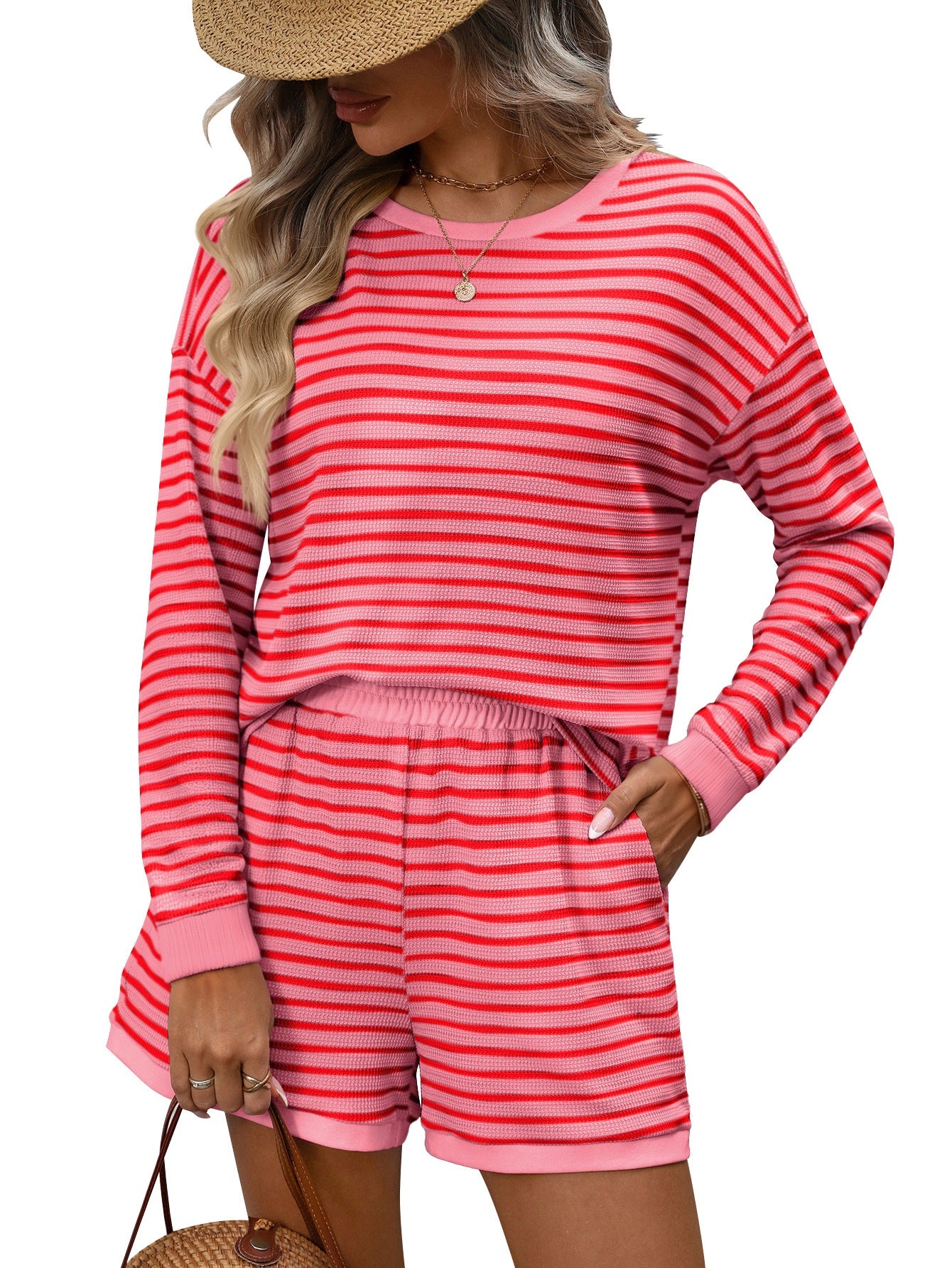 Striped Waffle Knit Two Piece Set Long Sleeve Top Shorts
