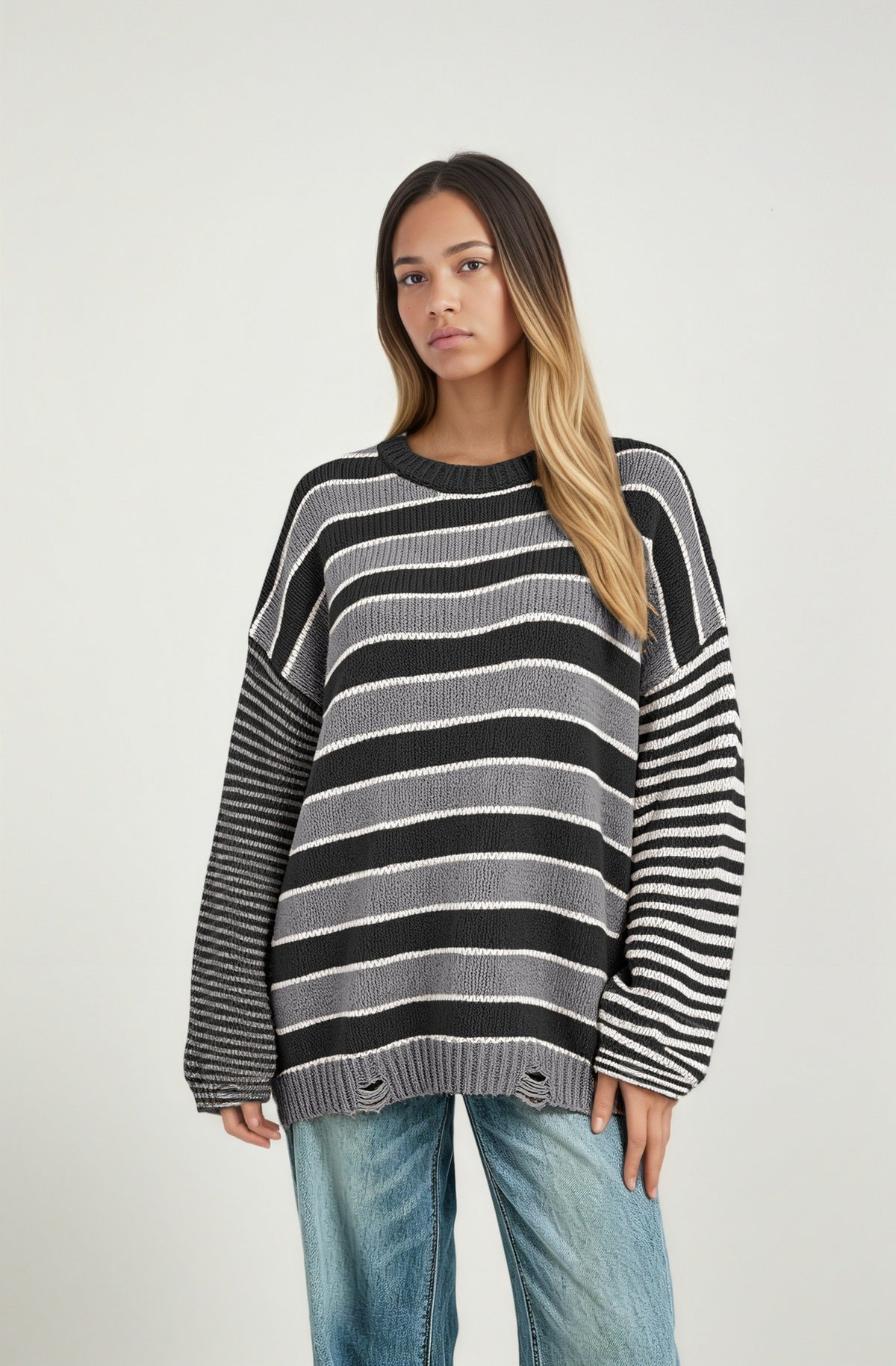 Oversized Striped Crew Neck Chunky Knit Sweater