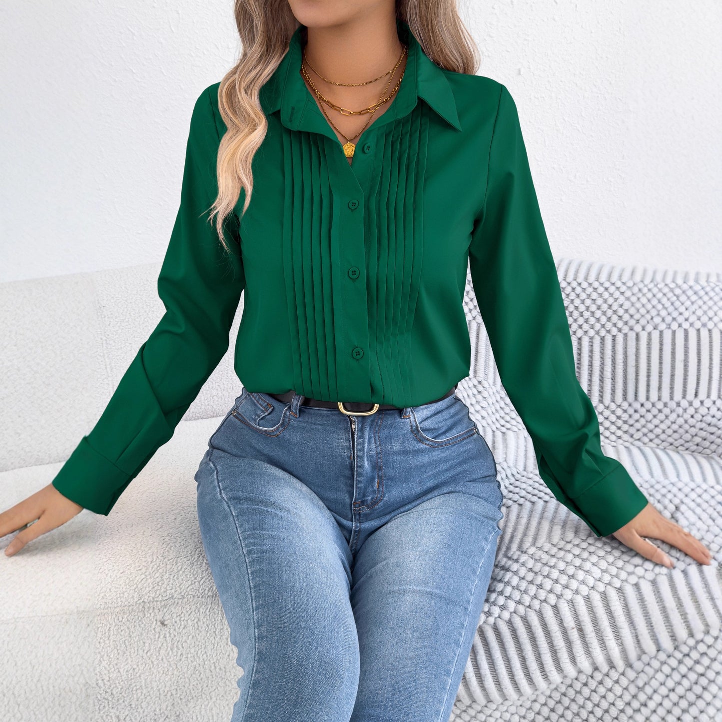 Pleated Long Sleeve Button Down Collared Blouse