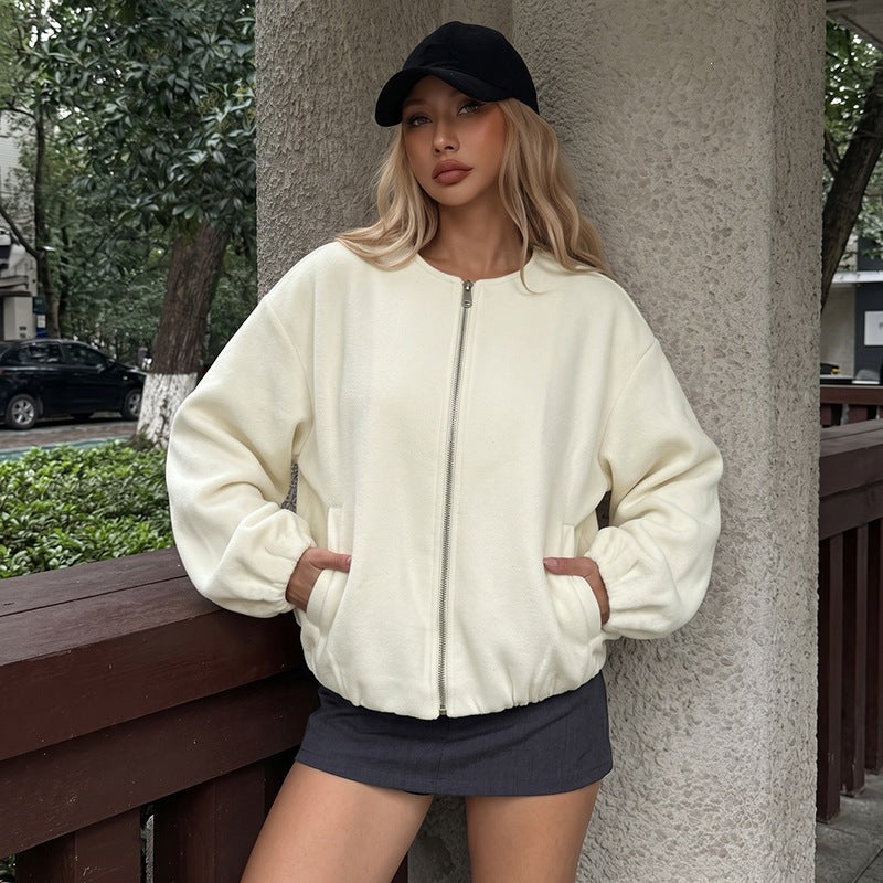 Fleece Zip Up Bomber Jacket Relaxed Fit