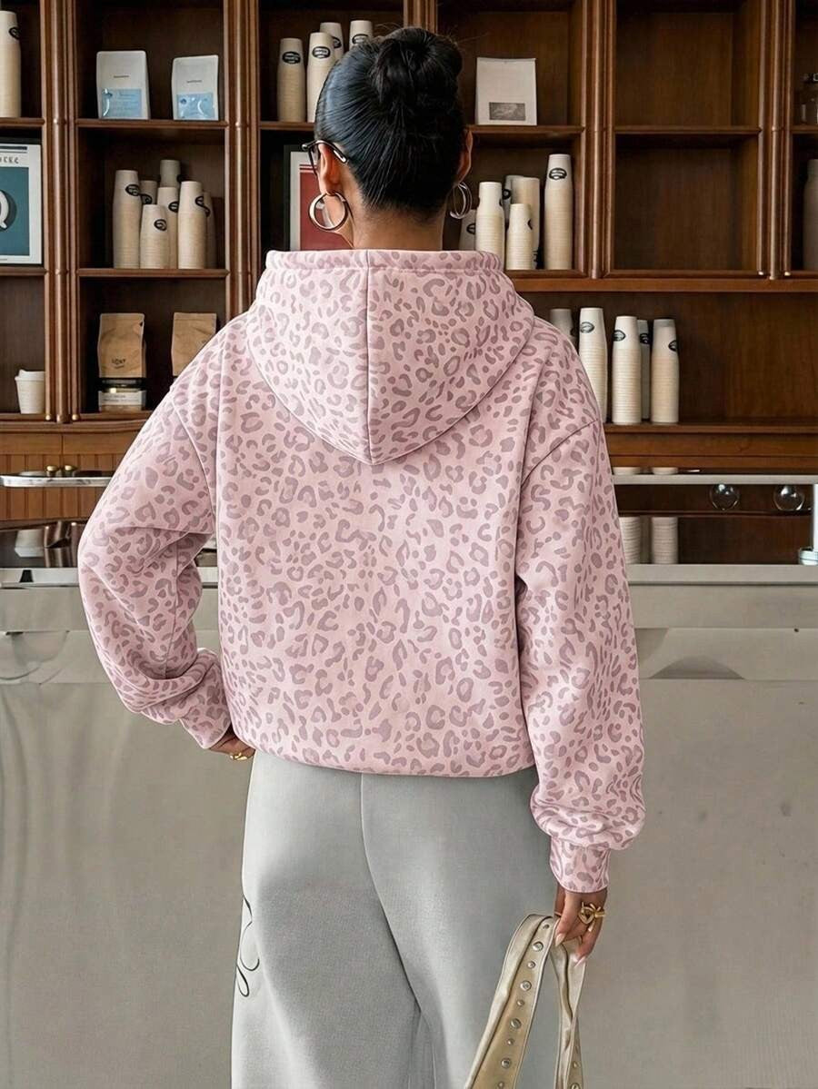 Women's Leopard Print Zip Up Fleece Hoodie Jacket