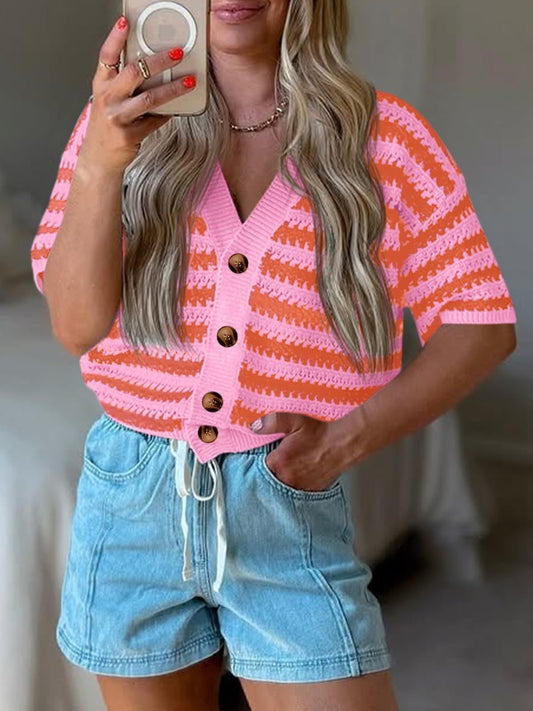 Striped Knit Cardigan Casual V Neck Button Front