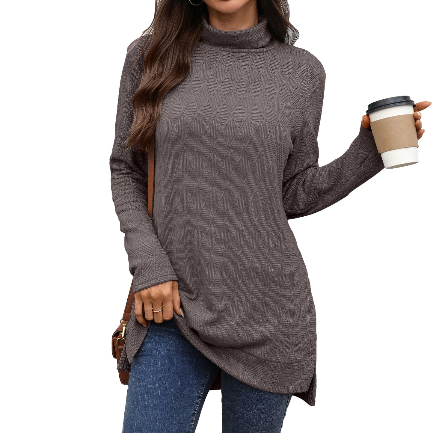 Oversized Turtleneck Long Sleeve Side Slit Tunic Top