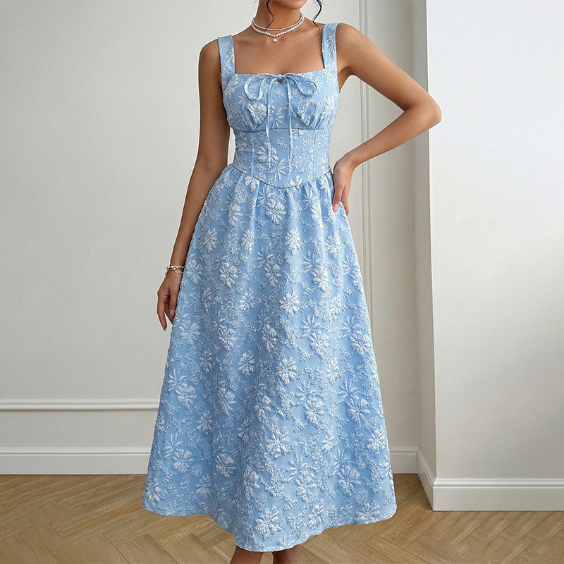 Floral Jacquard Midi Dress Square Neck A Line