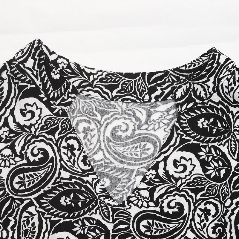 Black Paisley Print V-Neck Long Sleeve Maxi Dress