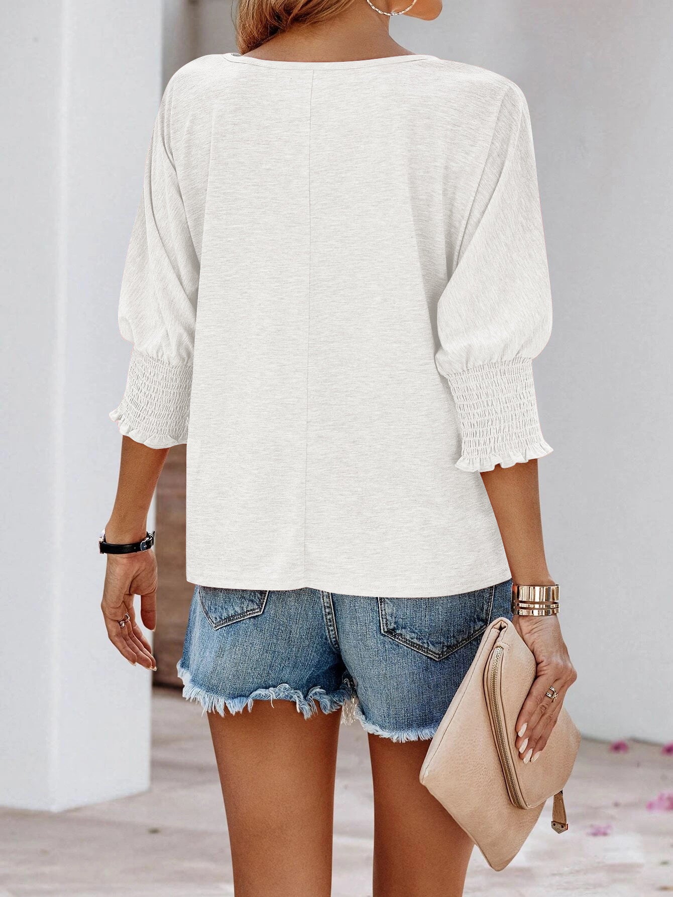 Solid Rayon Blouse Casual Boutique Smocked Sleeve
