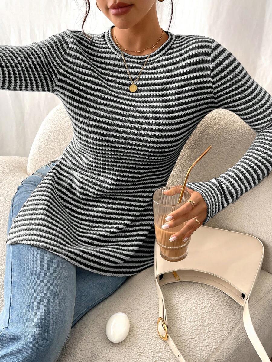 Striped Knit Top Casual Tunic Slim Fit Long Sleeve