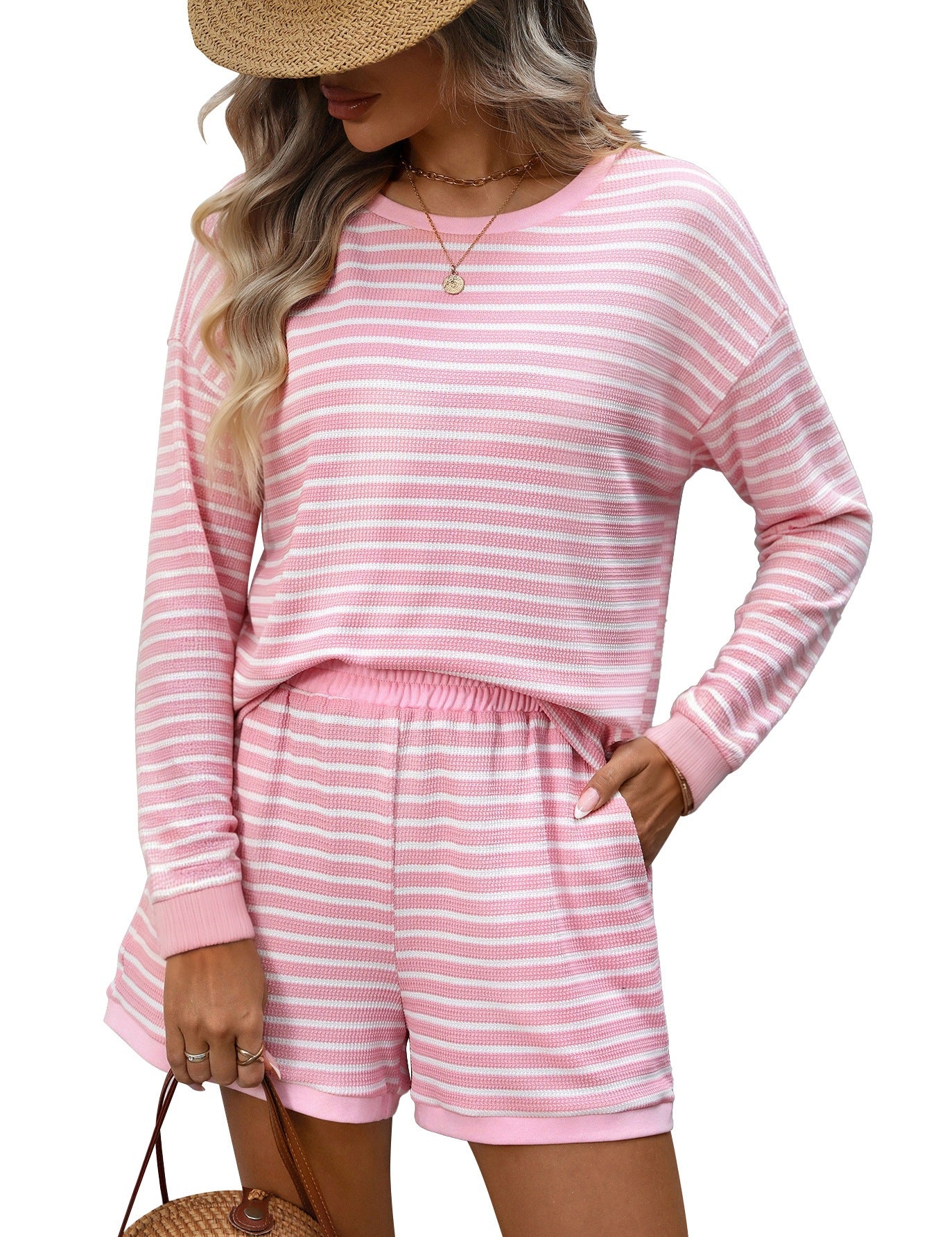 Striped Waffle Knit Two Piece Set Long Sleeve Top Shorts