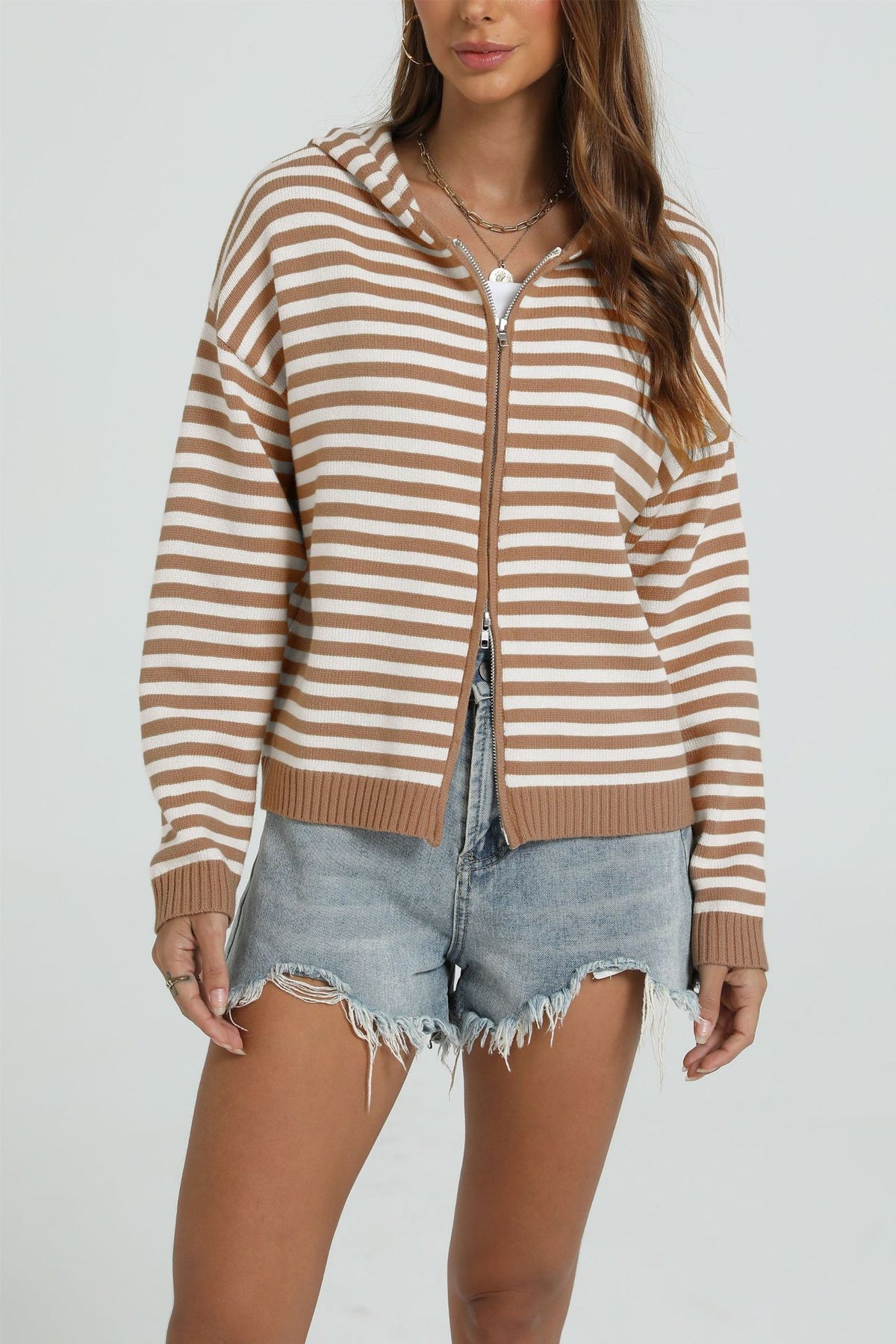 Women's Striped Hooded Zip-Up Cardigan Sweater