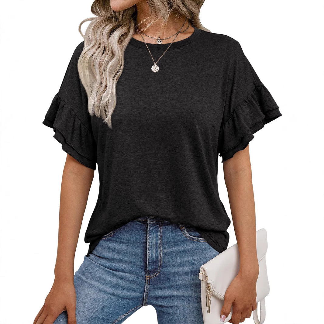 Ruffle Sleeve Crewneck Cotton Casual T Shirt