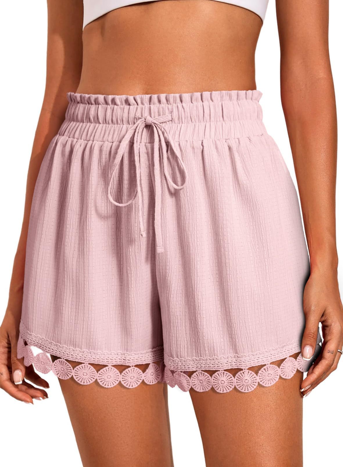 Women’s Lace Trim Drawstring Beach Shorts Casual Loose Fit
