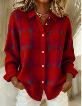 Plaid Knit Shirt Cardigan for Women, Relaxed Button-Up