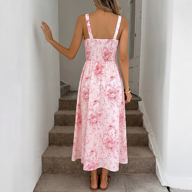 Pink Floral Square Neck Sleeveless Summer Long Dress Elegant Fit
