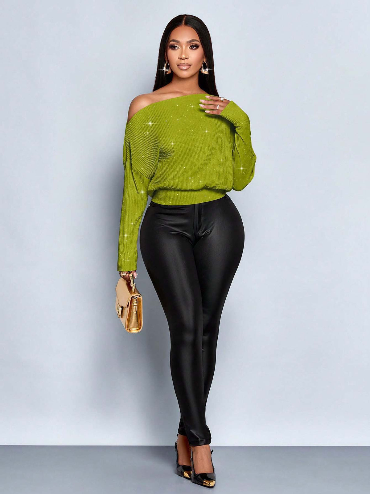 One Shoulder Glitter Batwing Sleeve Cinched Waist Knit Top