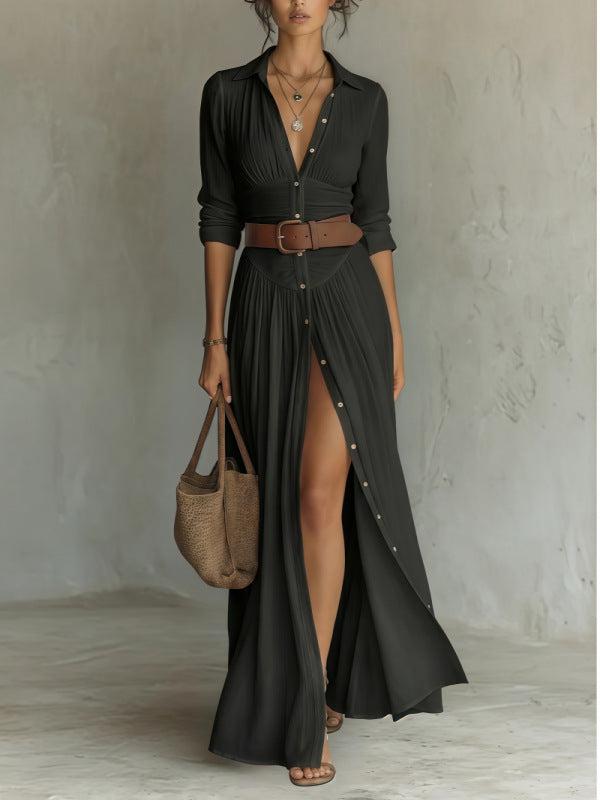 Belted V Neck Maxi Shirt Dress with Front Slit