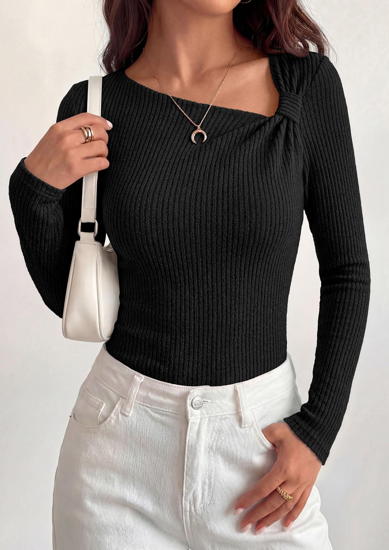 Asymmetrical Ribbed Knit Long Sleeve Sweater Top