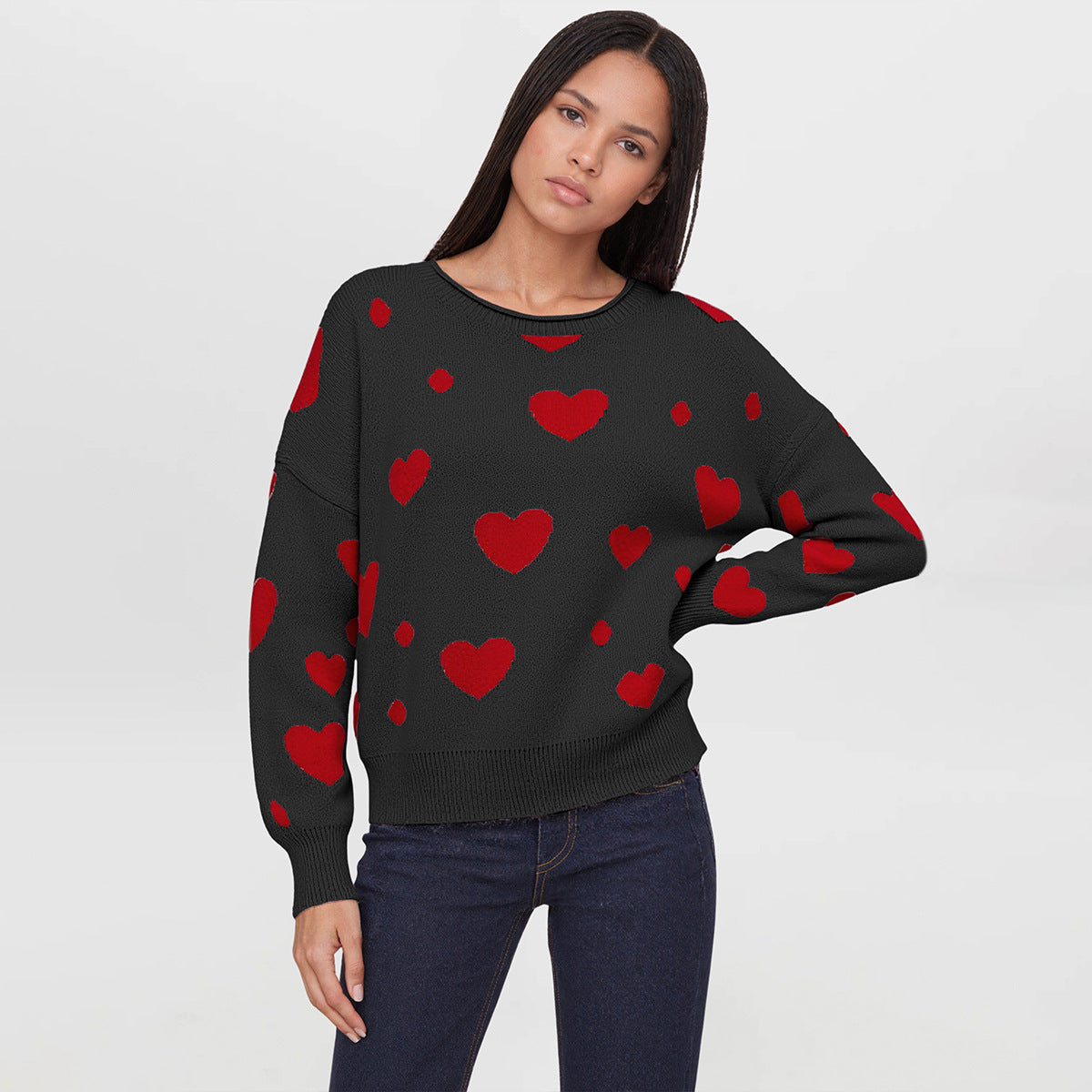 Women's Heart Print Crew Neck Long Sleeve Sweater