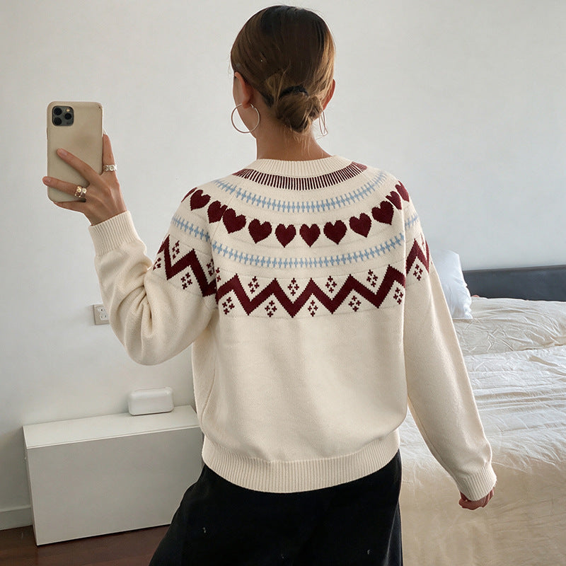 Women's Fair Isle Heart Crew Neck Knit Sweater