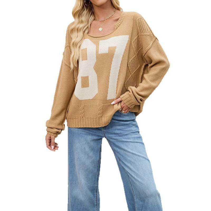 Casual Colorblock Knit Sweater with Number Print