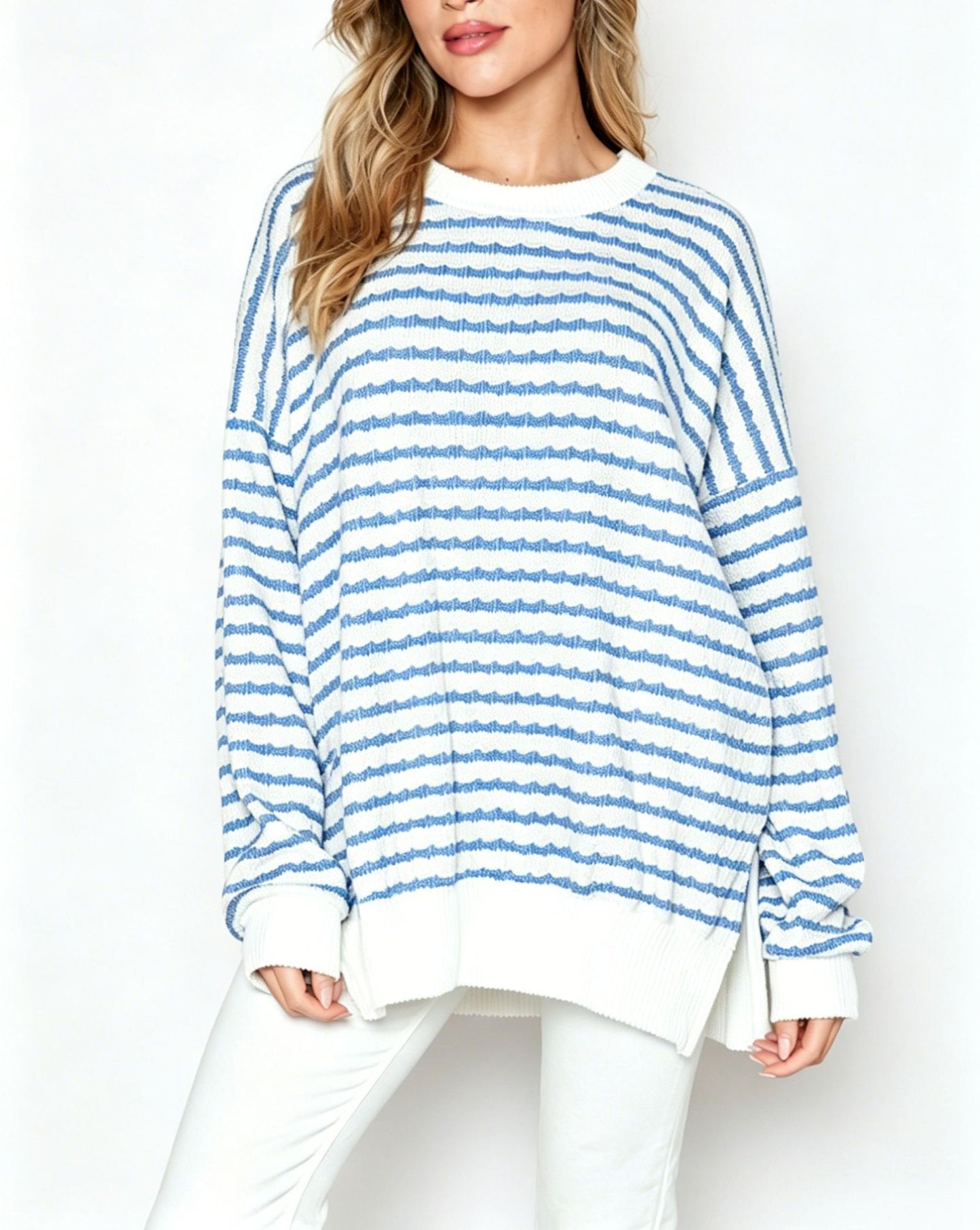 Striped Oversized Crew Neck Sweater Boutique Knit Top