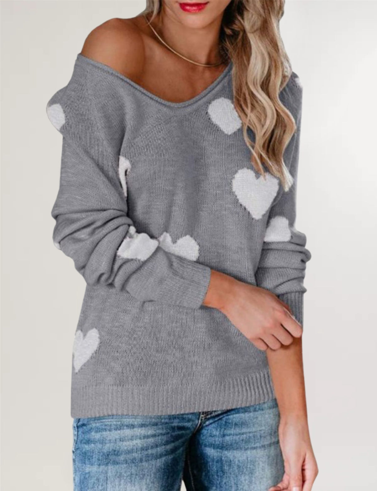 Women's Oversized Heart V Neck Valentine Sweater