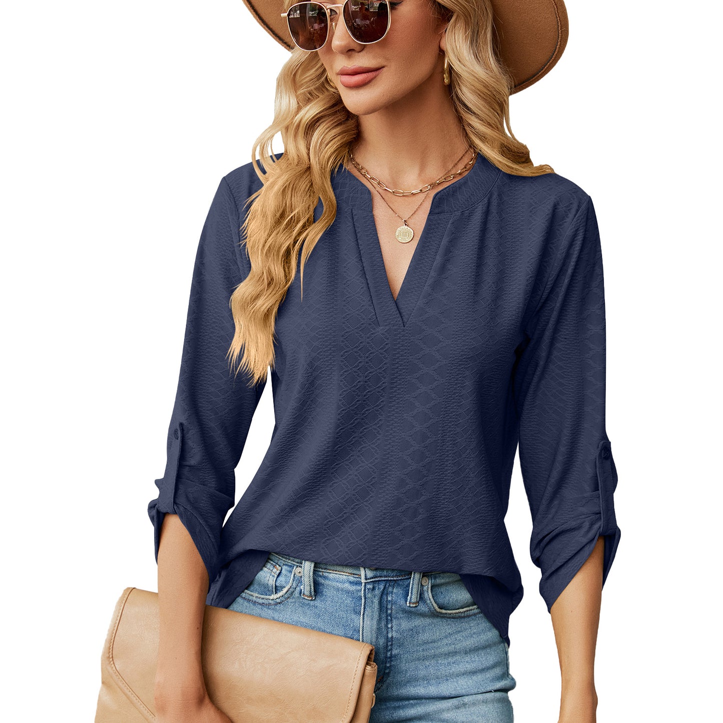 Women's V Neck 3/4 Sleeve Button Loose Fit Blouse Top