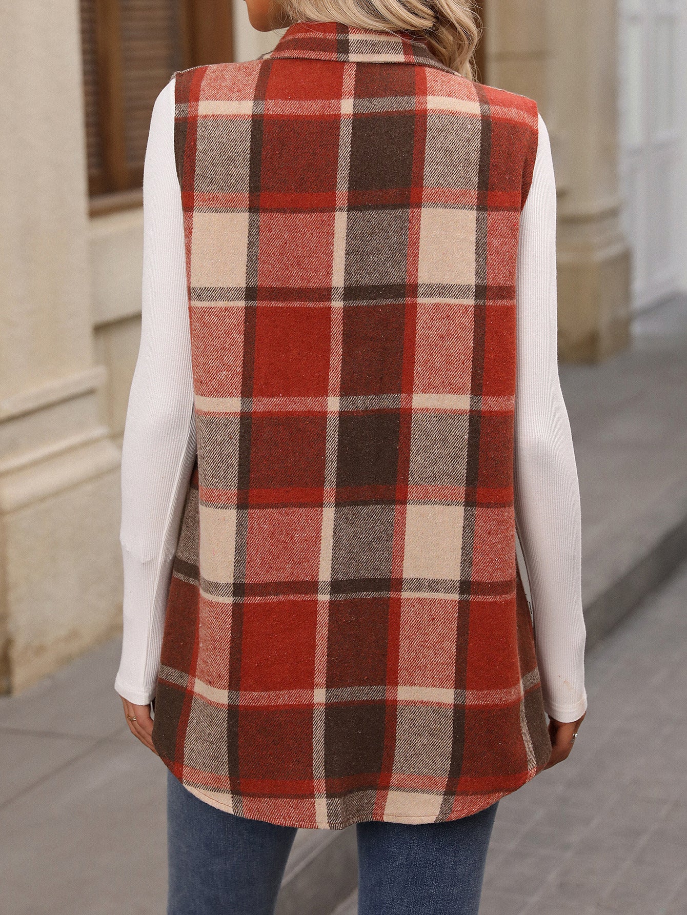 Plaid Shacket Vest with Pockets, Sleeveless Oversized